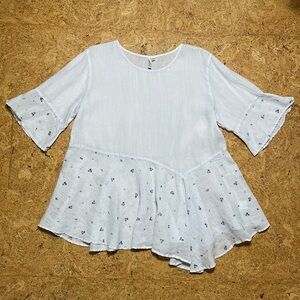 Kleën Ramie Semi-Sheer Light & Airy Oversized Babydoll Tunic Top Pale Gray/ Navy